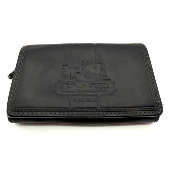 Coach Bleecker Wallet Black Leather Embossed Signature Carriage Logo Pink Lining - Picture 2 of 15